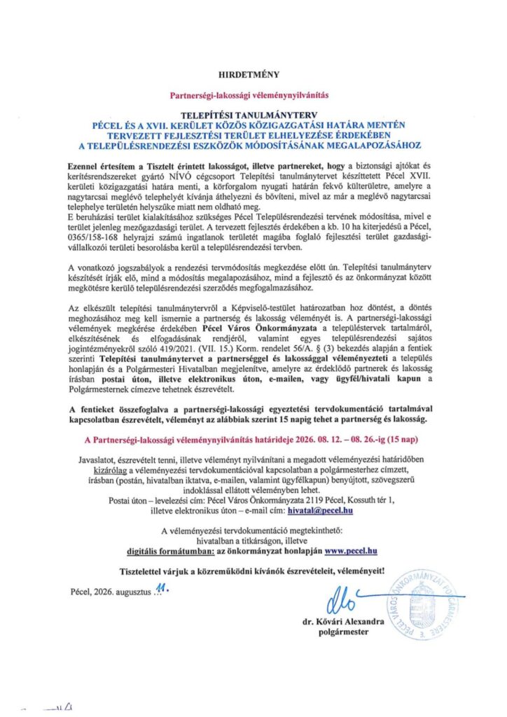 Hirdetmény lakossági véleményezés Pécel 0365 158 168hrsz telepítési tanulmányterv 1