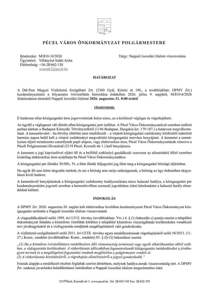 M 810 2026 Nappali locsolási tilalom visszavonása 1