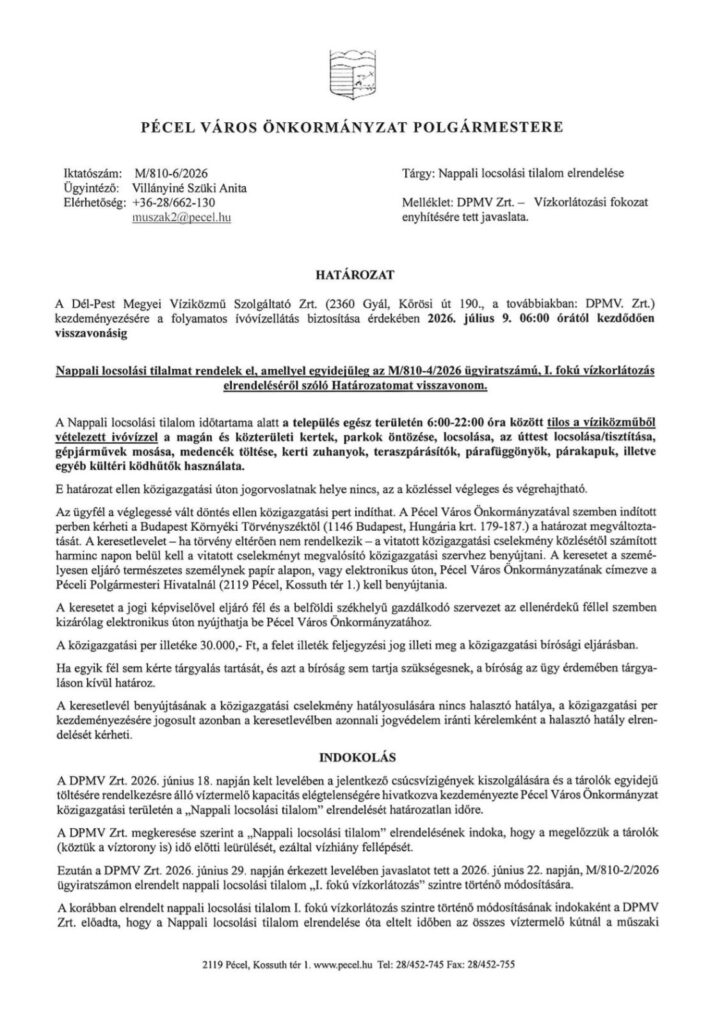 M 810 6 Nappali locsolási tilalom elrendelése I. fokú vízkorlátozás visszavonása 1